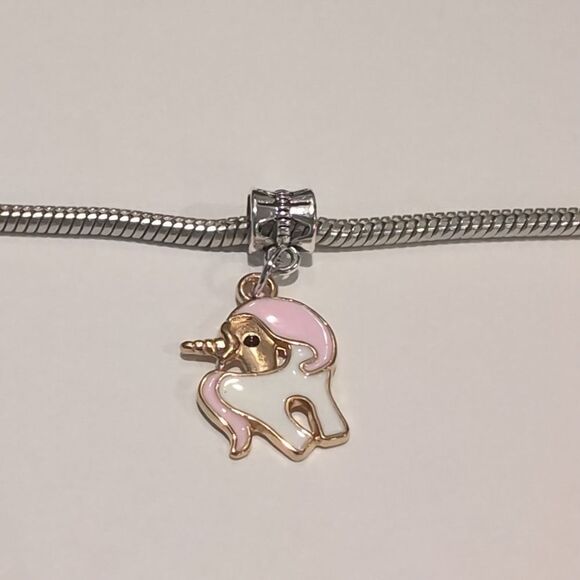 Silver Gold Pink‎ and White Enamel Unicorn Charm for Pandora Style Bracelet - Picture 2 of 4